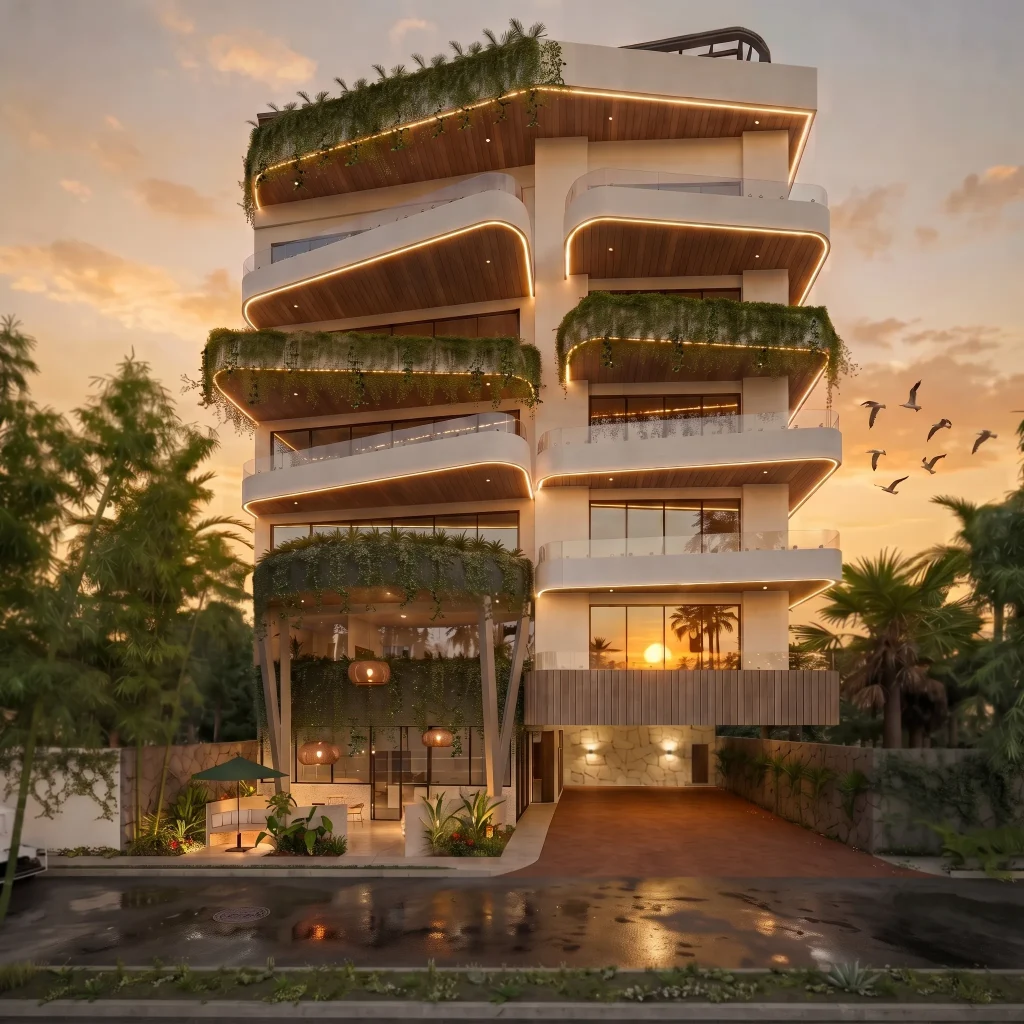 Warm sunset light on the front facade, LED-lit balcony edges glowing above a rain-slicked street
