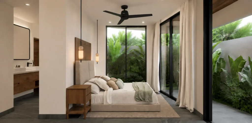 Lock-off bedroom with ceiling fan, pendant lamps and floor-to-ceiling glass doors opening onto a private tropical garden