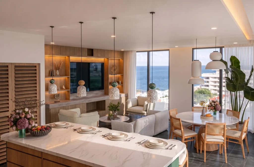 Carrara marble breakfast bar set for dinner facing an open penthouse living room with Caribbean views