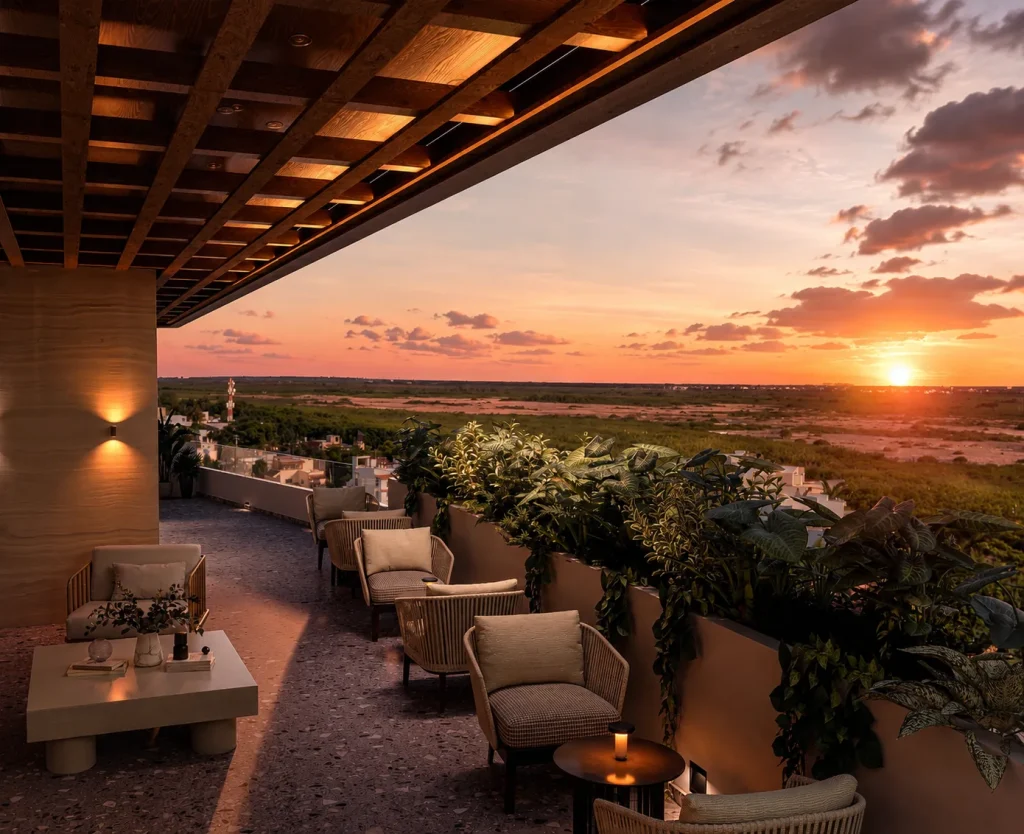 Woven armchairs under a lit wood pergola on Sensum's rooftop, facing an orange sunset