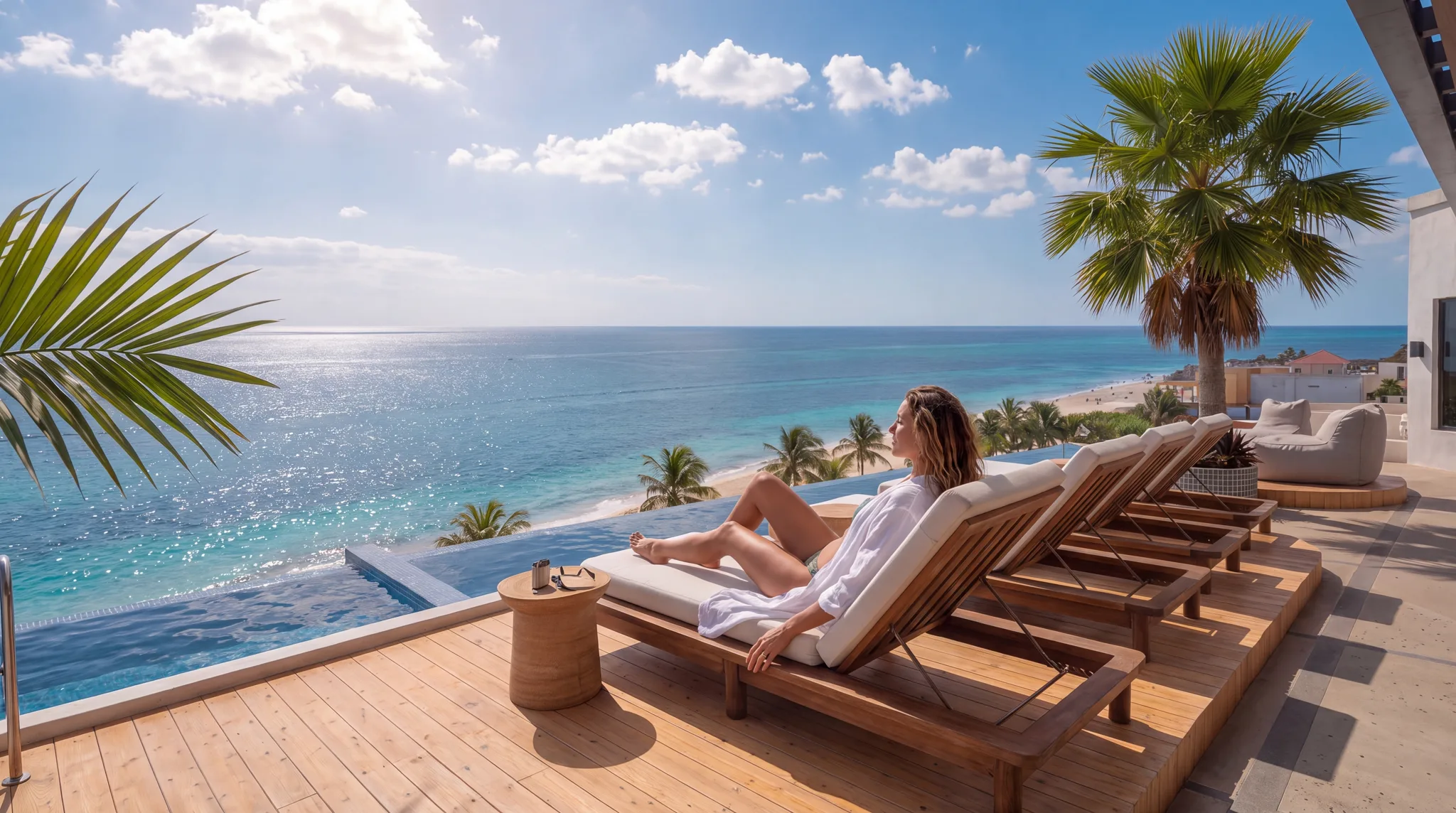 Woman resting on a wooden lounger on the rooftop deck, beside the infinity pool overlooking the Caribbean