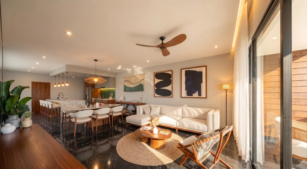 Open-plan living room, dining table and marble kitchen island bathed in late afternoon sunlight